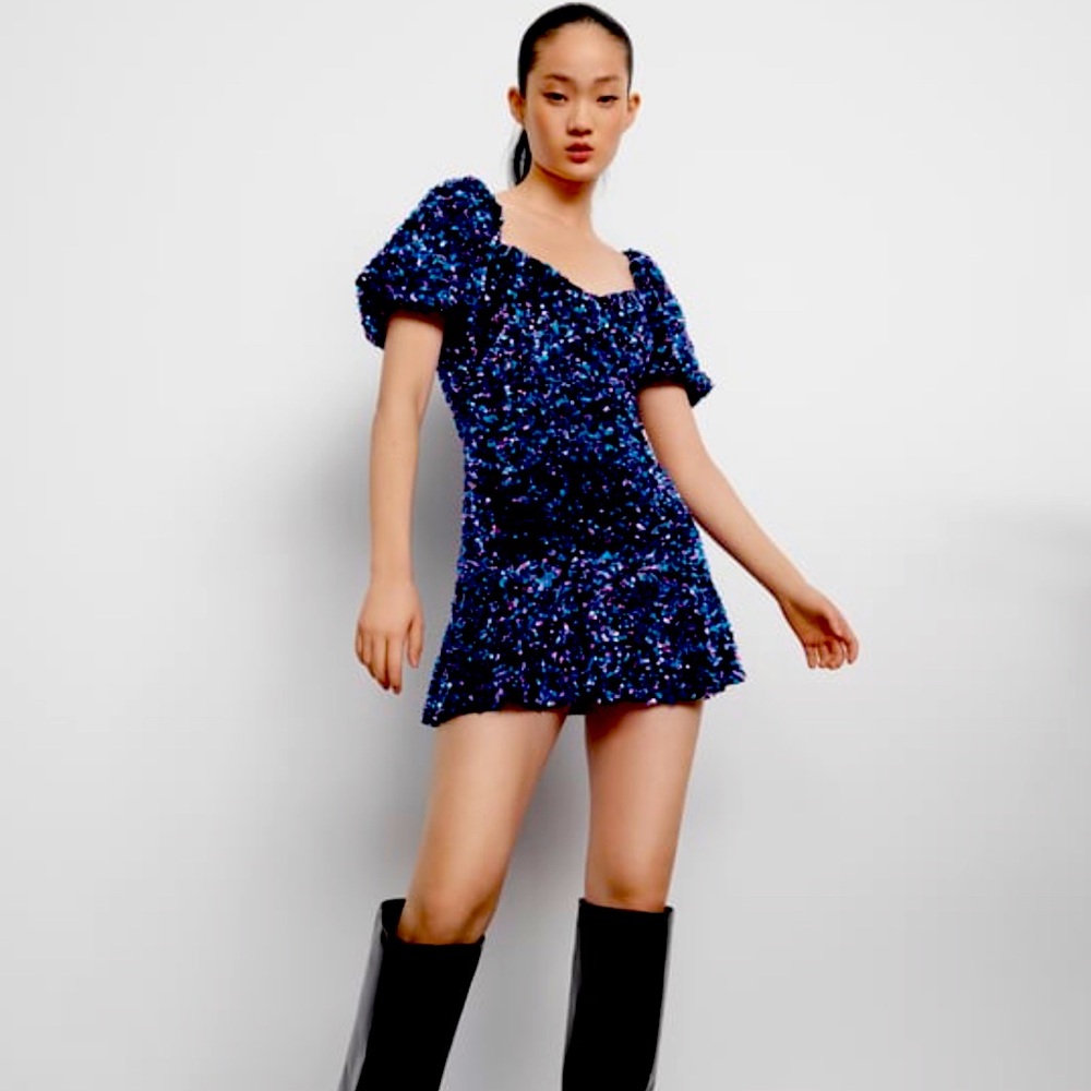 Zara| Sequin Dress with Puff Sleeves